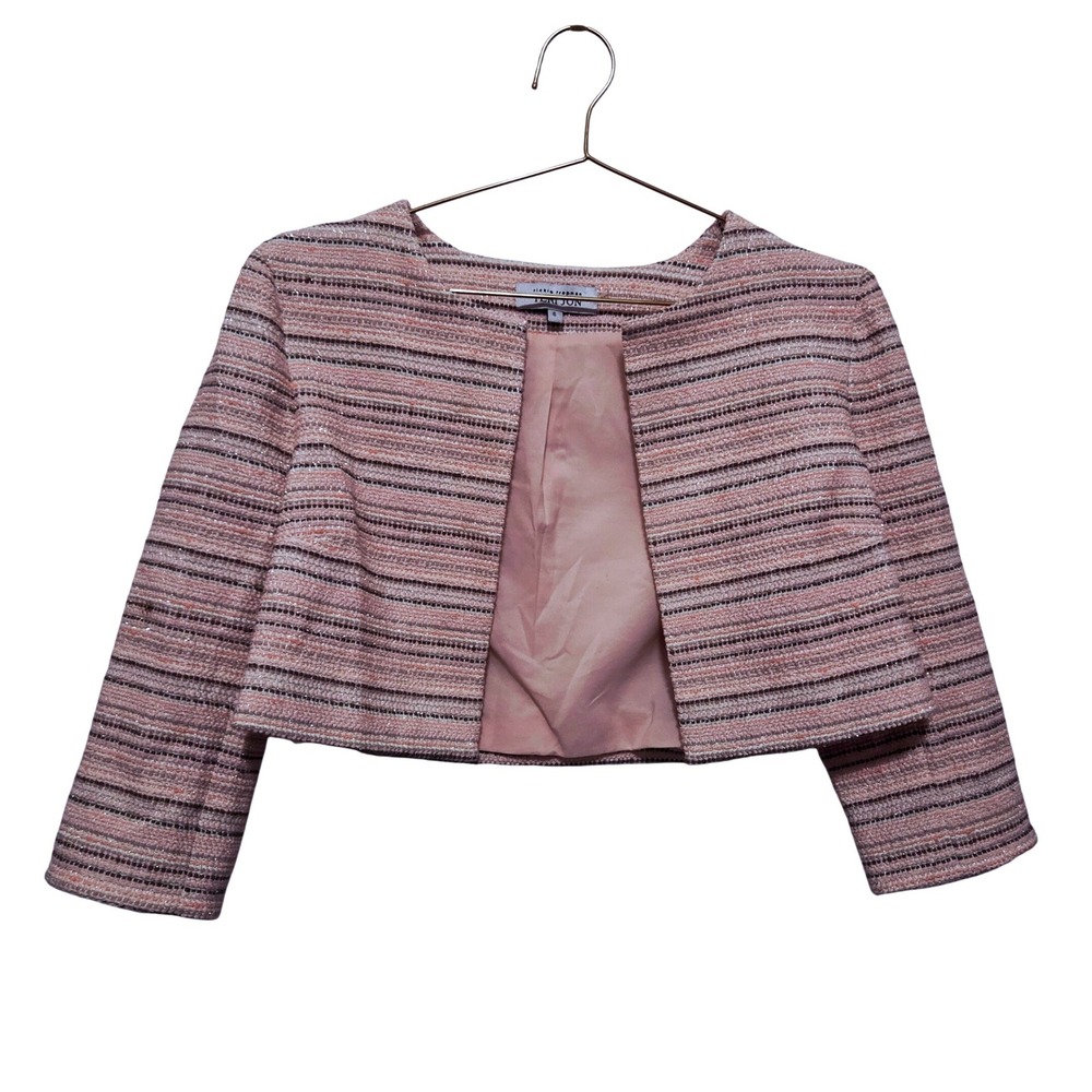 Teri Jon by Rickie Freeman Tweed Cropped Jacket Pink Black Metallic Size 6‎